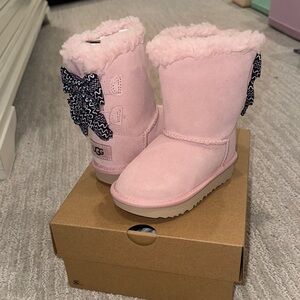 UGG Pink Shearling Boots with Patterned Bow